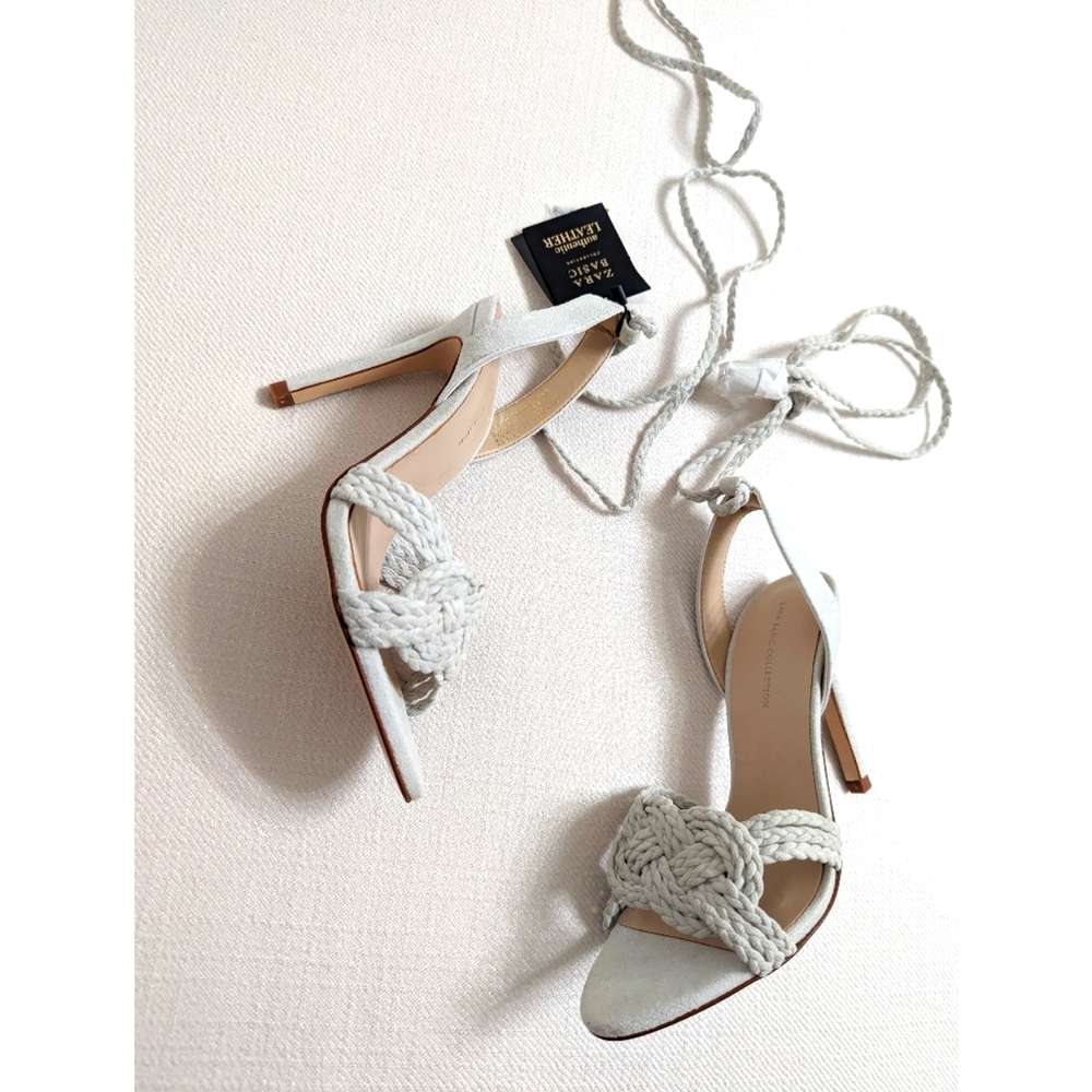 Zara Suede Leather Braided Knotted Lace Up High Heel Sandals Women's Size 6
